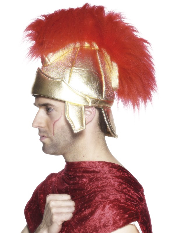 Casque romain adulte doré avec plumes rouges